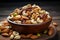 Nutty assortment in a wooden bowl on a rustic gray backdrop