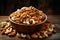 Nutty harmony A variety of nuts in a rustic wooden bowl