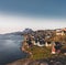 Nuuk capital of Greenland with Beautiful small colorful houses in myggedalen during Sunset Sunrise Midnight Sun