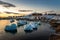 Nuuk city old harbor fjord sunset view with drifting icebergs, G