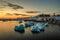 Nuuk city old harbor sunset view with icebergs