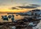 Nuuk city old harbor sunset view with icebergs