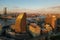 NYC from drone. Brooklyn Midtown skyline at dusk over Hudson River, NYC. Aerial Brooklyn Bridge in NYC. Top view of