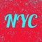 NYC inscription on grunge background. Red banner with blue New York City text.  Illustration.