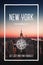 NYC, New York, United States, the big apple city. Trendy travel design, inspirational text art, cityscape sunset skyline