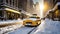 A NYC yellow cab gracefully maneuvers snowy streets, crafting a picturesque winter scene. Generated with AI