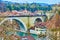 Nydeggbrucke bridge and medival townhouses on the riverside of Aare river in Bern, Switzerland