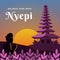 Nyepi illustration greeting. bali\\\'s day of silence with praying person