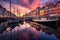 Nyhavn iconic canal in Copenhagen, Denmark. AI generated colorful sunrise image and breathtaking water reflections