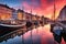 Nyhavn iconic canal in Copenhagen, Denmark. AI generated colorful sunrise image and breathtaking water reflections