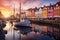 Nyhavn iconic canal in Copenhagen, Denmark. Colorful sunrise image and breathtaking water reflections