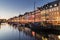 Nyhavn water front canal and touristic street at night