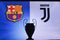 NYON, SWISS, NOVEMBER 2. 2020: Barcelona vs. Juventus. Football UEFA Champions League 2021 Group Stage match. UCL Trophy