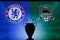 NYON, SWISS, NOVEMBER 2. 2020: Chelsea vs. Krasnodar. Football UEFA Champions League 2021 Group Stage match. UCL Trophy silhouette