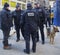 NYPD counter terrorism officers and NYPD transit bureau K-9 police officer with K-9 dog providing security on Broadway