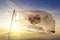 O-Higgins Region of Chile flag textile cloth fabric waving on the top sunrise mist fog