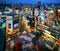 Oad, Building and Shibuya Crossing from top view at twilight