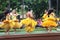 Oahu, Hawaii - 4/26/2018 - Hawaiian dancers performing while riding a canoe float at the Polynesian Cultural Center in Hawaii