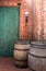 Oak barrel with brickwall background