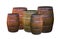 Oak barrel dark brown with metal rings set winery design base on white background set drink whiskey