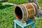 Oak Barrel. Open wooden barrel. Wooden barrel covered with wax