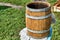 Oak Barrel. Open wooden barrel. Wooden barrel covered with wax