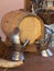Oak Barrel on Wooden Table with Hand Iron Armors