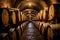 oak barrels aging wine in a cellar