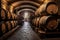 oak barrels aging wine in a cellar