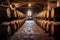 oak barrels aging wine in a rustic cellar