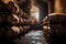 oak barrels aging wine in a rustic cellar