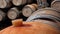 Oak barrels in wine vault
