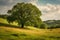 Oak Tree in Meadow. Calming landscape of a meadow with an oak tree in the middle