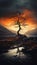 The Oak Tree on the Rocky Shore at Sunset with a Background of S