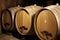 oak vintage wine cask barrel storage alcohol drink cellar winery. Generative AI.