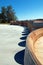 Oak wine barrels lined up next to tree