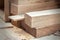 Oak wooden bar blocks materials stacked at carpentry woodwork workshop with tools and sawdust on background. Timber wood blanks at