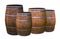 Oak wooden barrel metal rings silver group of vessels holding wine whiskey on white background winemaking design