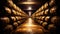 oak wooden wine barrels in an old, dark wine cellar. foreground. Cognac store basement wooden brandy, beer. Wine Vault. a row of