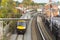 Oakham, United Kingdom. October 19, 2019 - close up view of yellow trin ,rail way station in Oakham, Rutland