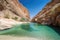 oasis with clear blue water and sandy beaches surrounded by canyon walls