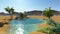 Oasis in the desert, dark blue clear water surrounded by palm trees and sand dunes on a very hot day