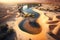 Oasis in the desert, panoramic aerial view, illustration ai