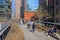 Oasis among huge skyscrapers. High Line, elevated linear park, rail trail created on former New York Central Railroad spur on west