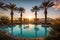 oasis with turquoise pool surrounded by palm trees and desert sunrises