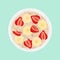 Oat flakes in a bowl with banana and strawberries, isolated. Top view, flatlay. Vector hand drawn illustration.