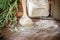 Oat flour, grain oats on wooden background