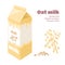 Oat milk in carton box isolated on white background. Vector illustration of plant-based drink