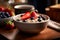 oatmeal adorned with wild berries, tastefully served on a rustic wooden table.