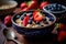 oatmeal adorned with wild berries, tastefully served on a rustic wooden table.